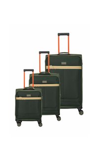 Tres maletas de concha blanda verde oscuro en tamaños pequeño, mediano y grande, con asas telescópicas naranjas y bolsillos frontales horizontales beige.