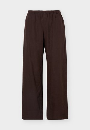 Σκούρο καφέ παντελόνι με χαλαρή εφαρμογή, ελαστική μέση, ίσια πόδια και χωρίς ορατές τσέπες ή σχέδια.