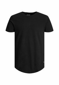 Plain black short-sleeve crew neck t-shirt with curved hem and small brand tag near bottom, displayed on white background.