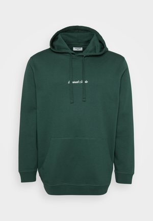 Dark green hoodie with front pocket, drawstrings, and small white cursive text centered on chest.