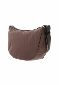 Bruine, zachte stoffen schoudertas met een ronde vorm, rits bovenaan en een verstelbare zwarte schouderband. Heeft een minimalistisch ontwerp en geen zichtbare hardware.