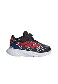 Chaussure de sport noire avec un motif de toile d'araignée blanche, des accents rouges et bleus, une sangle Velcro et une semelle texturée pour une bonne adhérence et un soutien.