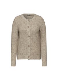 Beige neulejakku, jossa on pyöreä pääntie, pitkät hihat, kuusi nappia edessä ja teksturoitu pinta.