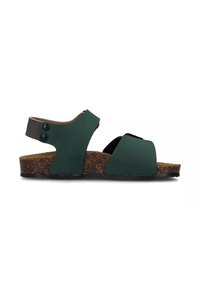 Sandalo verde e nero con suola in sughero, dotato di una cinghia posteriore, design frontale incrociato e due bottoni decorativi neri.