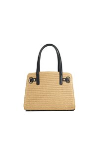 Woven straw handbag with a structured shape, tan color, and black leather handles. Features metal hardware accents and textured surface.