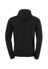 Felpa nera a maniche lunghe caratterizzata da una silhouette aderente, cuciture anteriori e posteriori e un cappuccio standard senza loghi o motivi visibili.