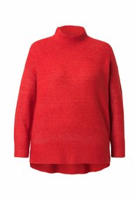 Roter Rollkragenpullover aus weichem Strickmaterial, mit langen Ärmeln und geripptem Saum, in lockerer Passform und gleichmäßiger Textur.