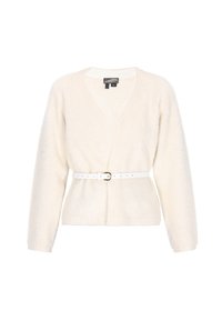 Cream-colored fuzzy cardigan with a deep V-neck and long sleeves, cinched at the waist with a white belt featuring a gold buckle.