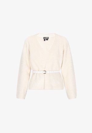 Cardigan fuzzy color crema con scollatura a V profonda e maniche lunghe, stretto in vita con una cintura bianca con una fibbia dorata.