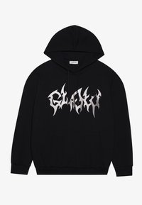 Zwarte hoodie met een voorzak, met een zilveren grafisch ontwerp met scherpe randen. Gemaakt van een zachte stof met een gestructureerde afwerking.