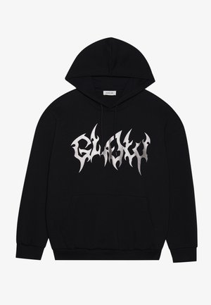 Black hoodie with a front pocket, featuring a silver graphic design with sharp edges. Made from a soft fabric with a textured finish.