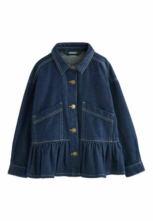 Giacca di denim blu scuro con chiusura a bottoni, grandi tasche e orlo a peplo arricciato. Dettagli di cucitura in contrasto in tutto il capo.