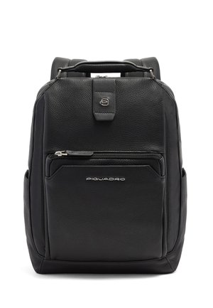 Black leather backpack with front zip pocket, top handle, padded shoulder straps, and "Piquadro" logo on front pocket.