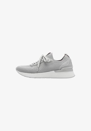 Shoe: grey, lightweight knit upper, lace-up design, padded collar, textured sides, white sole with patterned accent. Suitable for casual wear.