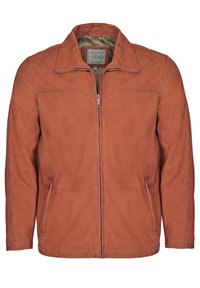 Braune Lederjacke mit Reißverschluss, Stehkragen, seitlichen Taschen und dezenten Steppdetails. Glatte Textur und strukturierte Passform.