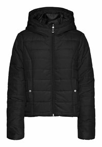 Sort polstret jakke med hætte, der har en frontlynlås, to sidelommer med trykknapper og en quiltet tekstur hele vejen rundt.