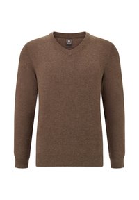 Rudas v-kaklo megztinis, pagamintas iš švelnios mezgimo medžiagos. Turi ilgomis rankovėmis ir surištus rankogalvius bei apatinę dalį. Paprastas, klasikinis dizainas be raštų.