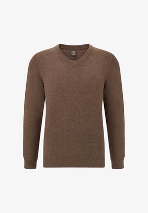 Hnědý svetr s v-výstřihem vyrobený z měkkého pleteného materiálu. Má dlouhé rukávy a žebrované manžety a lem. Jednoduchý, klasický design bez vzorů.