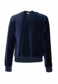 Granatowy welurowy sweatshirt z okrągłym dekoltem, długimi rękawami i zapięciem na plecach. Posiada ściągacze przy mankietach i u dołu. Gładka struktura.