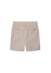 Shorts beiges en coton avec une texture lisse, dotés d'une taille standard et de deux poches arrière. Comprend une petite étiquette de marque.