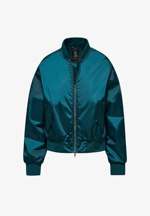 Teal satin bomber jacket with front zipper, ribbed collar, cuffs, waistband, and two side pockets.