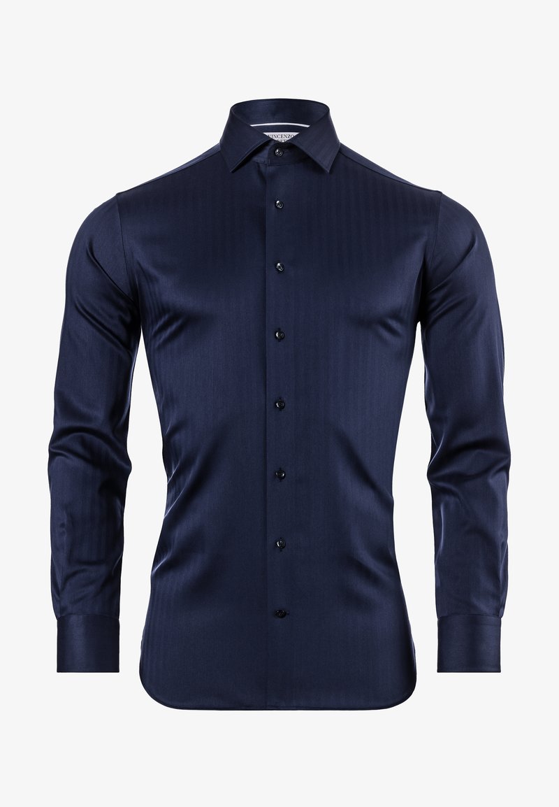 Marineblauw overhemd met lange mouwen, gestructureerde stof, puntige kraag en zwarte knopen aan de voorkant. Getailleerde pasvorm met een gebogen zoom.