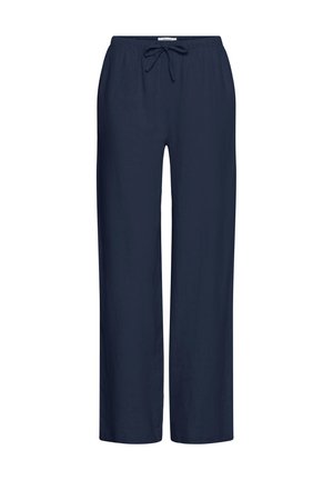 Pantaloni a gamba larga blu navy con cintura elastica e coulisse frontale, realizzati in tessuto leggero.