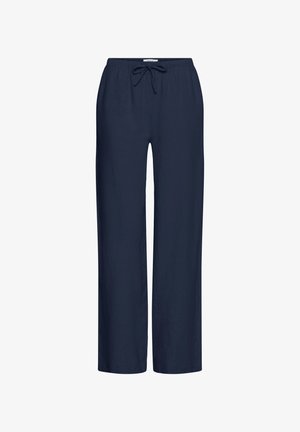 Tengerészkék, széles szárú nadrág elasztikus derékpánttal és elöl húzózsinórral, könnyű anyagból készült.