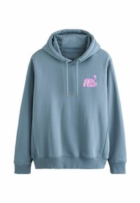 Felpa di cotone blu con tasca anteriore a marsupio e cappuccio con coulisse. Presenta un logo rosa "Pink Floyd" sul petto. Tessuto liscio.