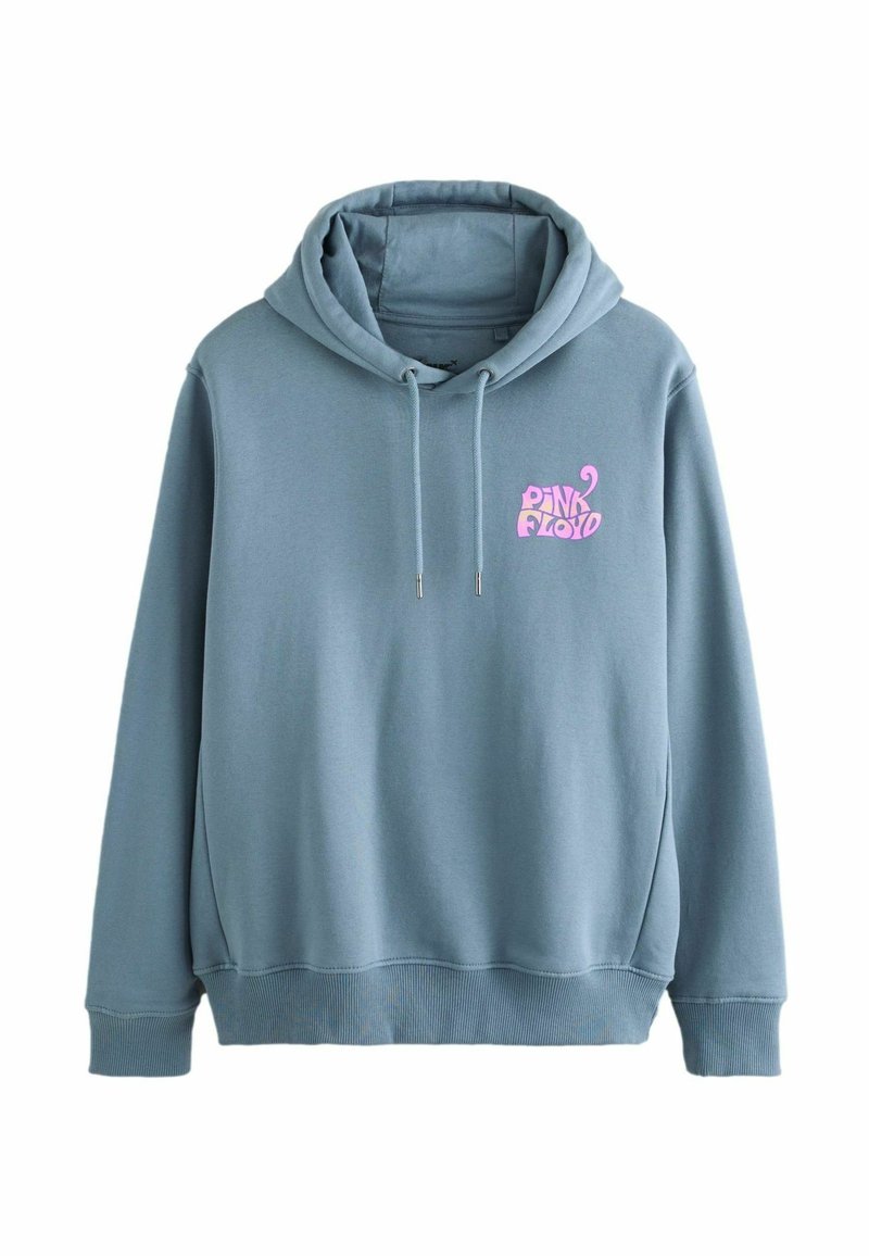 Felpa di cotone blu con tasca anteriore a marsupio e cappuccio con coulisse. Presenta un logo rosa "Pink Floyd" sul petto. Tessuto liscio.