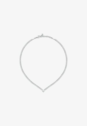 Collana in rete argentata con un design elegante e sottile; presenta un piccolo pendente quadrato al centro e una chiusura con catena regolabile sul retro.