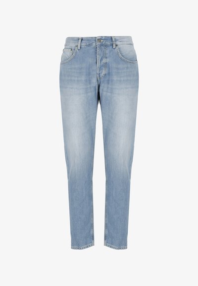 Jeans in denim azzurro chiaro con vestibilità dritta. Presentano cinque tasche, un bottone e una zip, e dettagli sbiaditi sul tessuto.