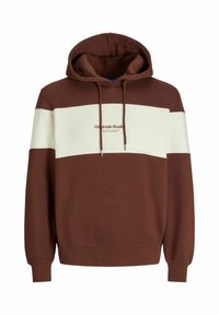 Brązowy i kremowy hoodie w bloki kolorystyczne, wykonany z mieszanki bawełny, z przednią kieszenią kangurką, regulowanym kapturem na sznurku oraz z nadrukowanym logo.