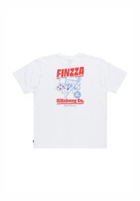 Witte katoenen T-shirt met een kleurrijke grafische print op de achterkant, met de tekst "FINZZA" en aanvullende ontwerpelementen in blauw en rood.