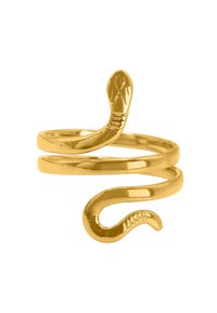 Anello a forma di serpente in tono oro con design curvo, caratterizzato da una testa e una coda di serpente texturizzate. Finitura liscia con superficie lucidata.