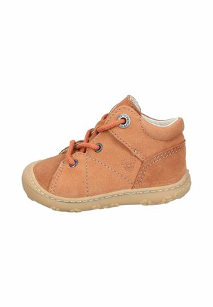 Braune Wildleder-Stiefeletten mit orangefarbenen Schnürsenkeln, Gummisohle und gestickten Details. Verfügt über eine runde Zehenpartie und einen erhöhten Absatz für mehr Halt.
