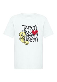 Balta medvilnės marškinėliai su geltonu pieštuku nupieštu paukščiu ir juodu užrašu "TWEETY" bei raudona širdimi, žaismingo šriftu, trumpomis rankovėmis.