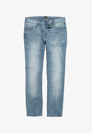 Jasnoniebieskie dżinsy o prostym kroju, z pięcioma kieszeniami, z efektem przetarcia i zapięciem na guzik. Czyste krawędzie z widocznymi szwami.