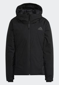 Black insulated hooded jacket with a full zip, featuring a smooth exterior, elastic cuffs, and subtle logo accent on the chest.