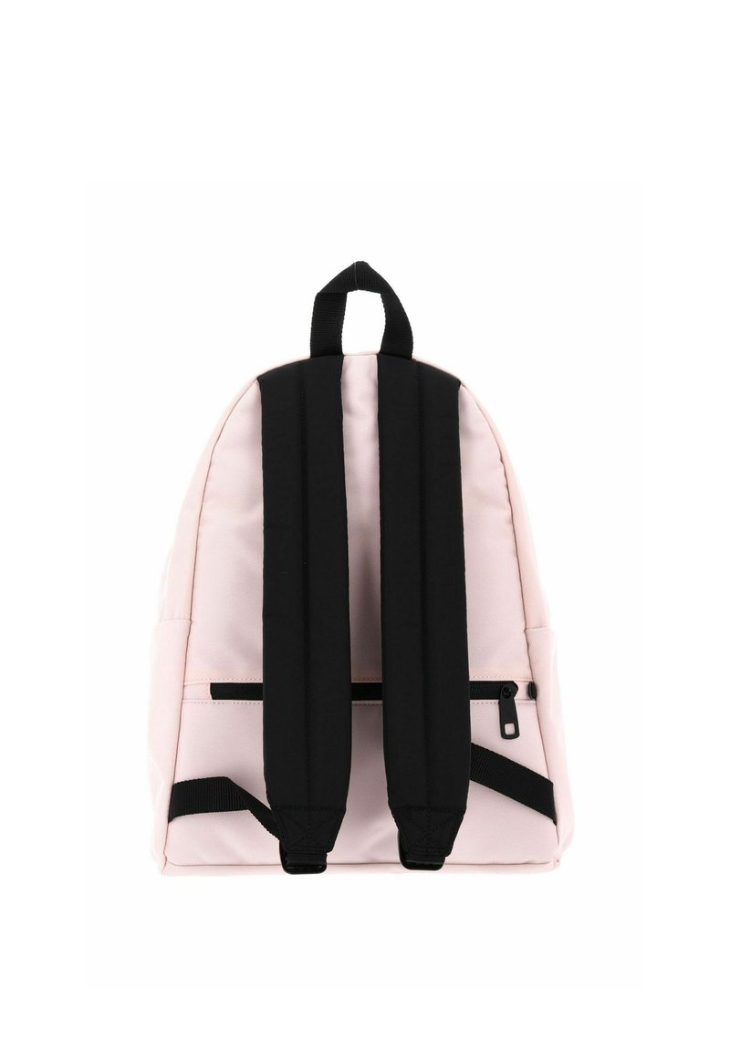 Light pink backpack with black padded shoulder straps and a black top handle shown from the back.