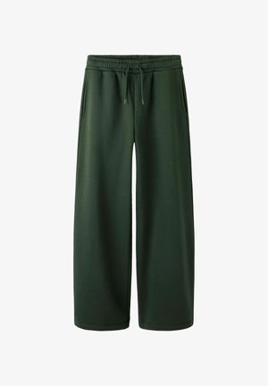 Tums zaļas platas kāju bikses no mīksta auduma, ar elastīgu jostu un auklu, kā arī divām sānu kabatām praktiskumam.