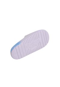 Shoe sole in light purple rubber with textured grip patterns, featuring a rounded toe and a smooth blue accent at the heel.