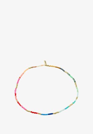 Mitmevärviline helmestega kaelakee, millel on väikesed neljakandilised helmed roosas, punases, sinises, rohelises ja kuldsetes toonides. Sile tekstuur, kerge disain.