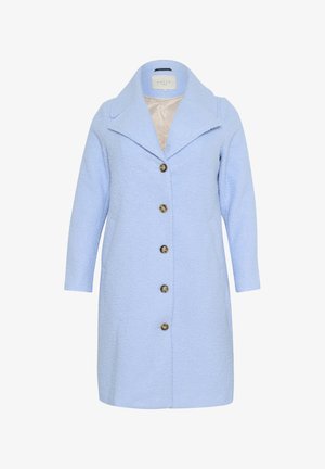 Vaaleansininen villakangastakki, jossa on tekstuuripinta, suuri kaulus ja seitsemän ruskeaa nappia edessä. Pitkät hihat suoran leikkauksen omaavat.