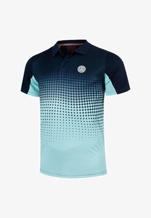 Poloshirt mit einem dunkelblauen und hellblauen Farbverlauf, ausgestattet mit einem gepunkteten Muster und einem runden Logo auf der linken Brust. Kurze Ärmel.