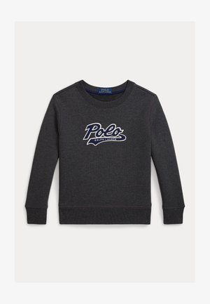 Sweatshirt cinza escuro com decote redondo, mangas longas e punhos canelados; apresenta um logótipo branco e azul marinho "Polo" na frente.