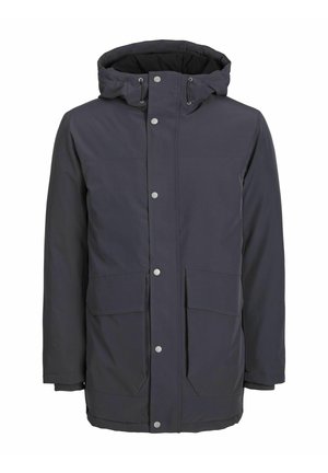 Parka di colore blu scuro con cappuccio, realizzata in materiale resistente all'acqua. Presenta bottoni a scatto, due tasche frontali e un design dallecutto dritto.