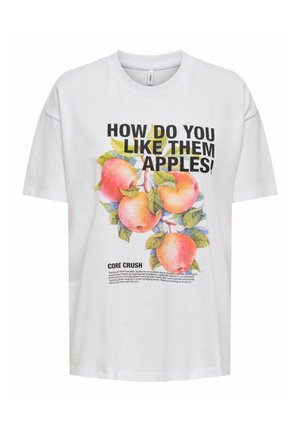 Valkoinen lyhythihainen t-paita, jossa värikäs omenan kuvasto ja rohkea teksti "MITEN SINÄ VIISTIKÄÄT NOITA OMENOITA!" tuotekuvauksen alla.