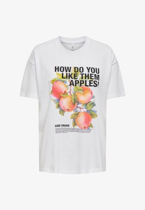 Weißes T-Shirt mit kurzen Ärmeln, das ein buntes Apfel-Graphic und den fetten Text „WIE GEFALLEN DIR DIE ÄPFEL!“ zeigt, mit einer Produktbeschreibung darunter.