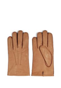 Brune lærhansker med fem-finger design. Har dekorativ søm på baksiden og et utskjært detaljer ved håndleddet for ekstra stil.